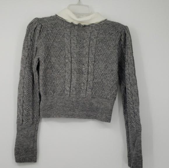 Miu Miu Gray Cropped Cable Knit Sweater Long Sleeve White Peter Pan Collar L - Picture 3 of 13
